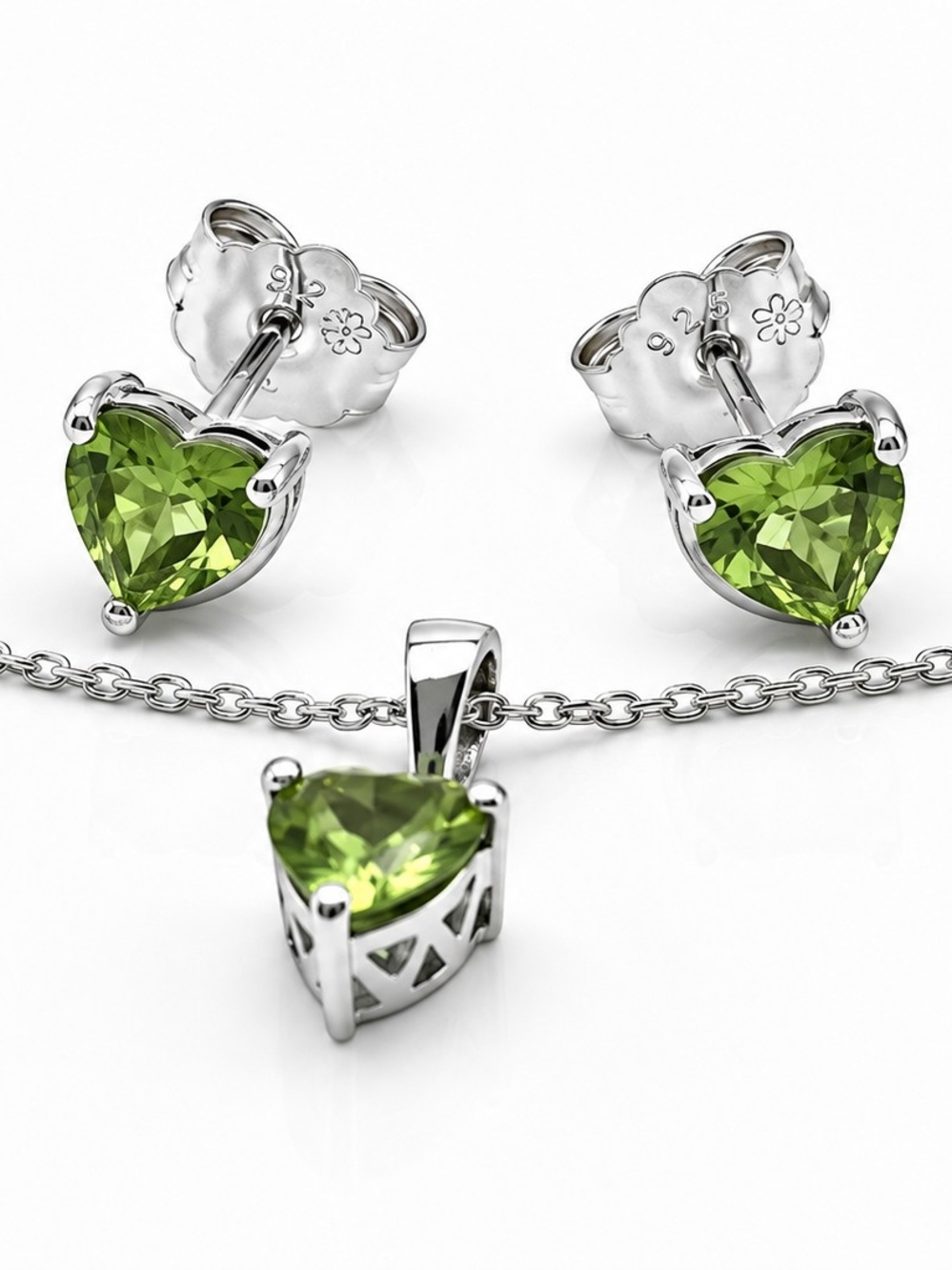 Heart-Shaped Green Peridot White Gold & Sterling Silver Pendant & Earrings Set